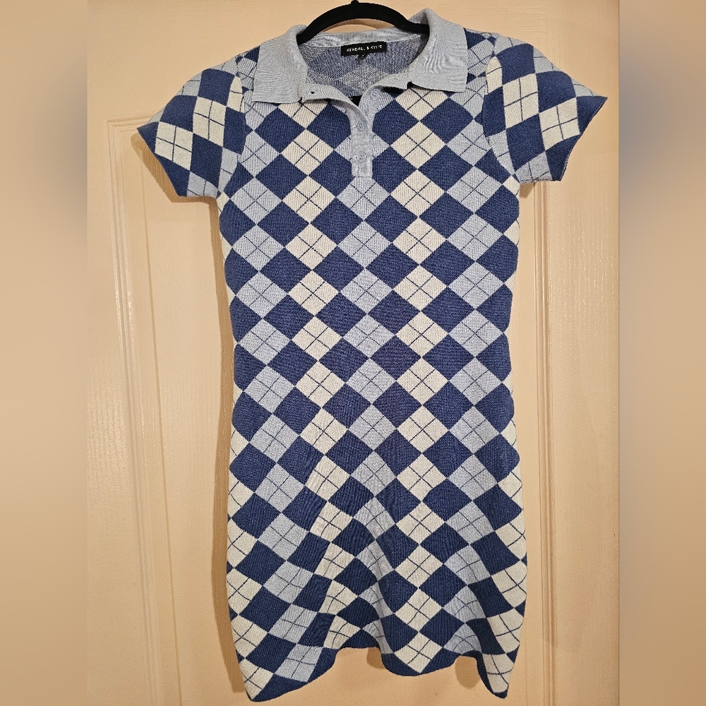 Kendall & Kylie Argyle Knit Polo Dress Blue White Preppy Mini S
